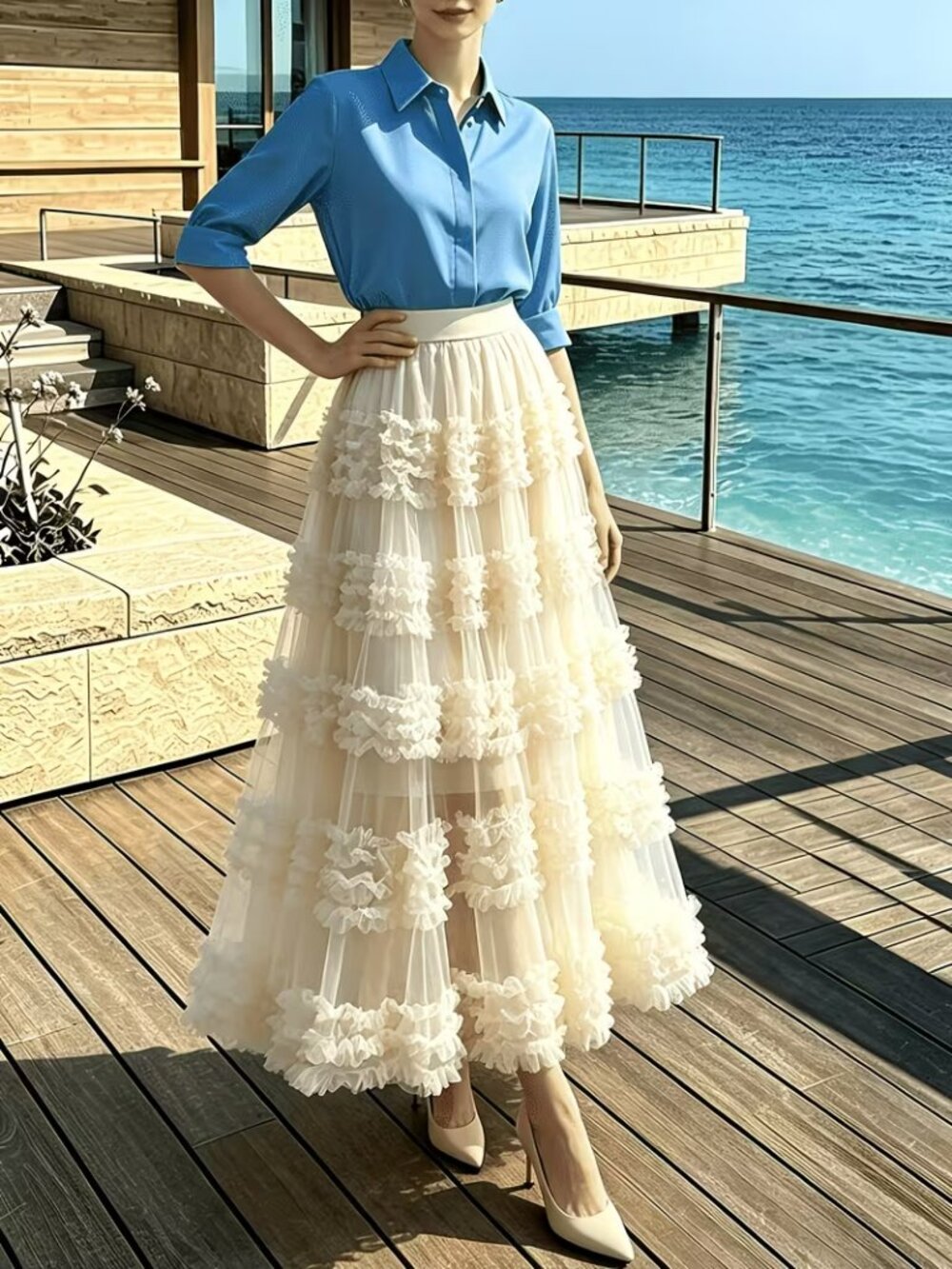 Elegant Cream Tiered Maxi Skirt